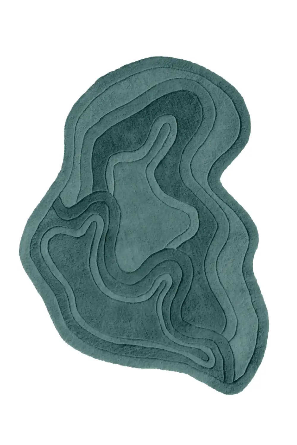 Teal abstract wool rug with layered carving, creating a dimensional, organic look.