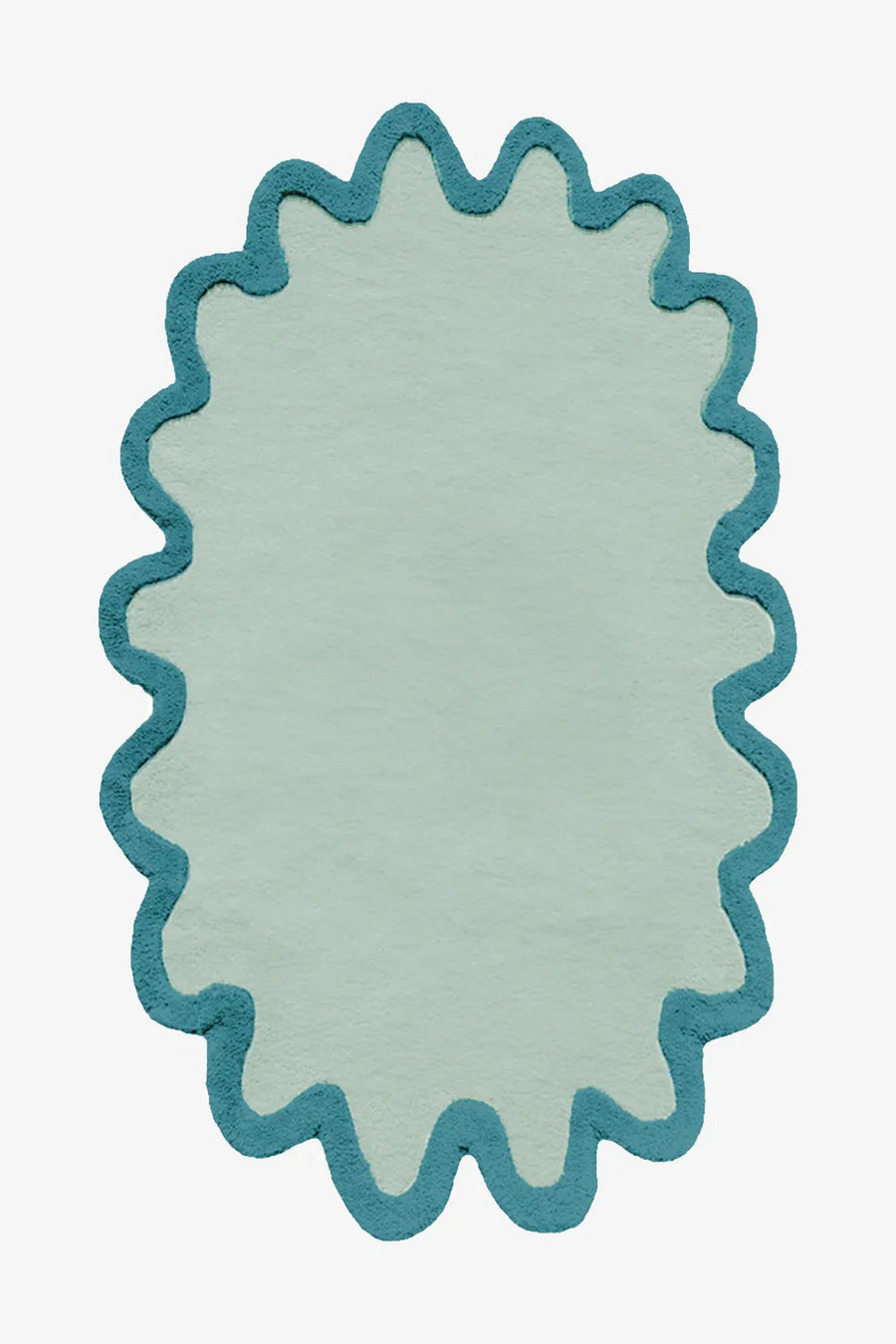 Light blue wool scalloped rug with teal wavy edge for cozy colorful modern interiors