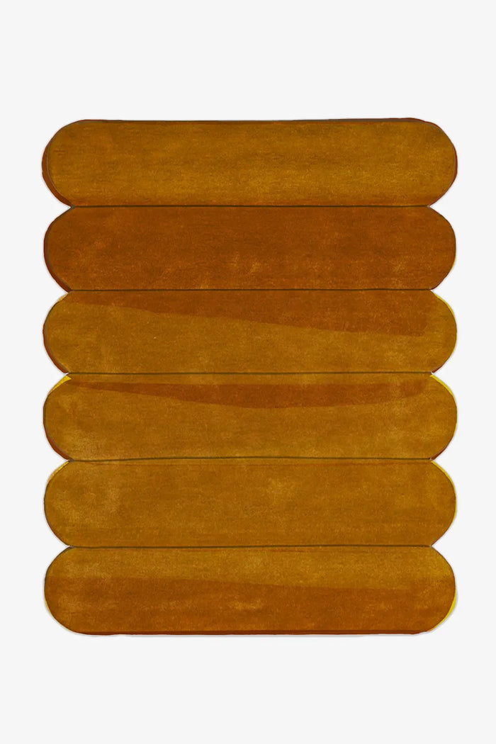 8x10 golden yellow modern wool rug with pill-shaped rounded ends and bold stripe pattern