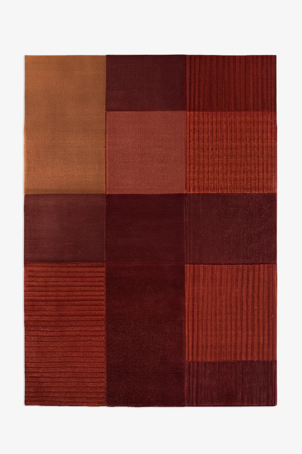 Burnt orange and deep red block pattern rug, boho modern wool rug for cozy living spaces and creative studios