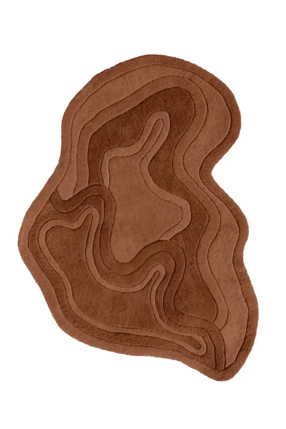 Rust brown organic wool rug featuring flowing layered carving and modern texture