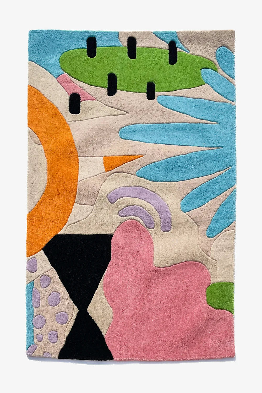 Tropical area rug with vibrant abstract shapes in teal, coral, black, and sage on cream background