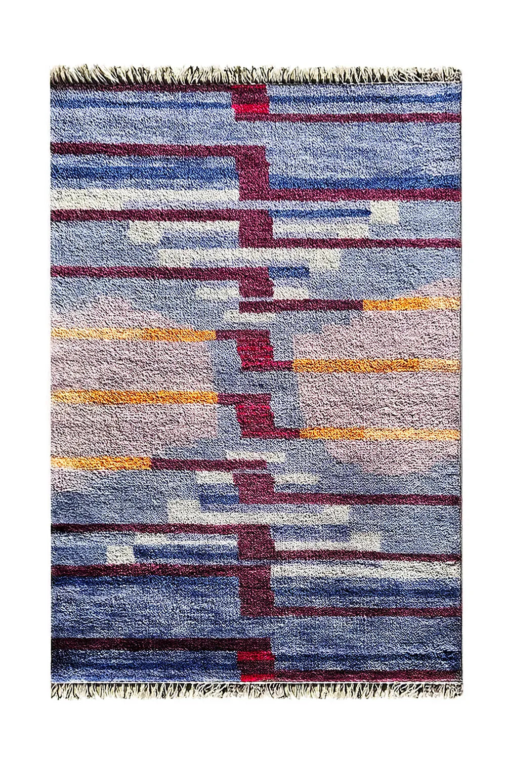 Modern blue and burgundy wool area rug with bold geometric and striped patterns