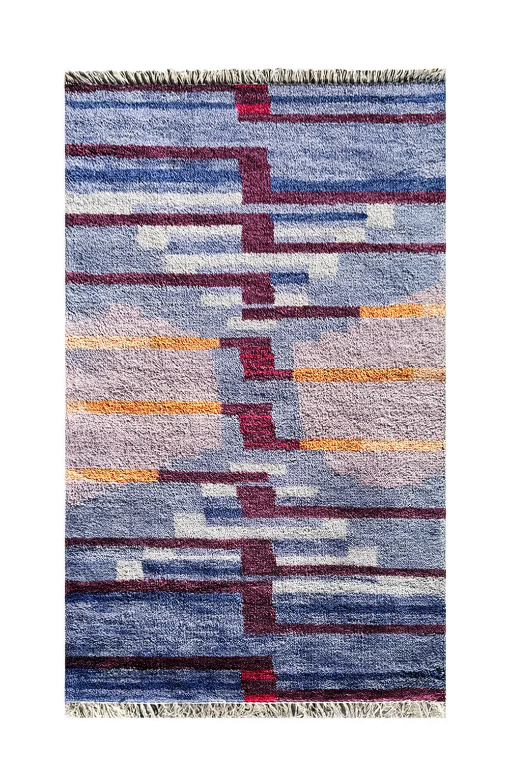 Hand-knotted wool rug with abstract blue, burgundy, and gold design