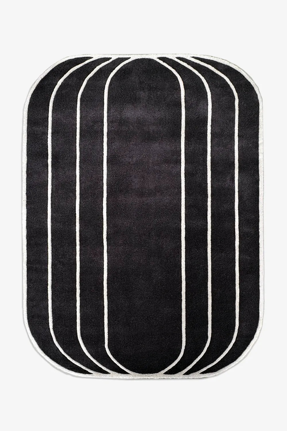 Black and cream art deco area rug with rounded corners – modern black rug 8x10 with abstract geometric design

