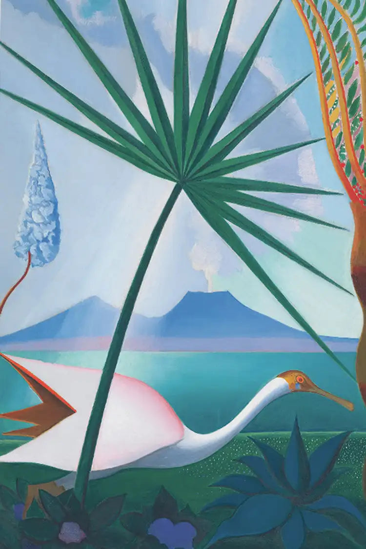 Colorful landscape print featuring a heron and tropical plants, demonstrating deep, fade-resistant pigments.