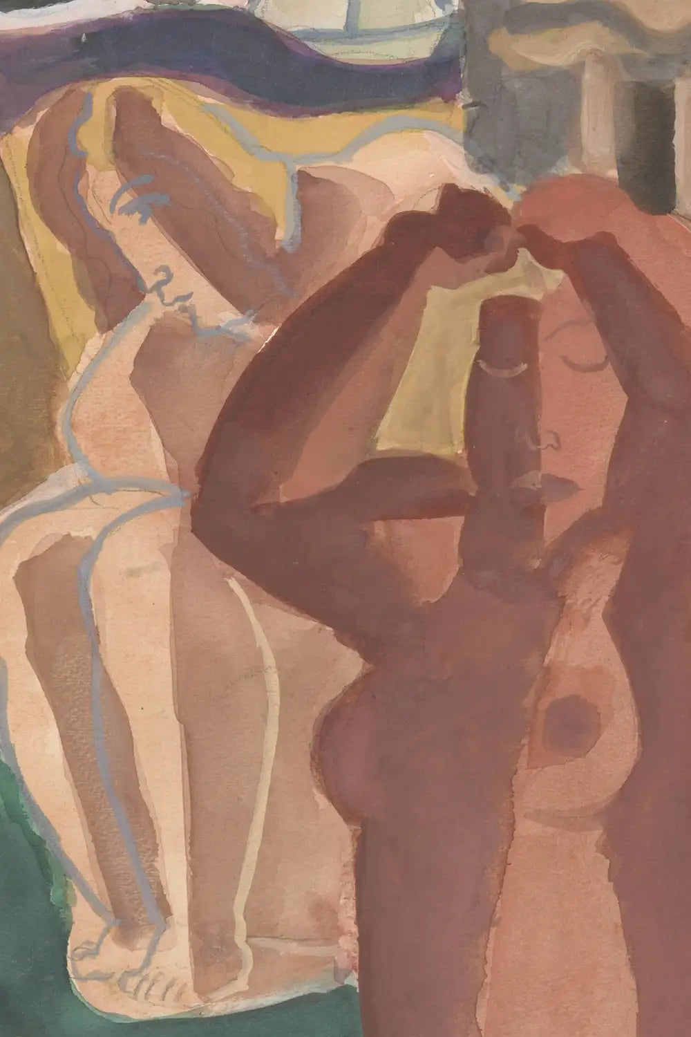 close up detail of Vintage abstract painting print by Leo Gestel featuring Two Bathing Women with earthy tones and geometric forms.
