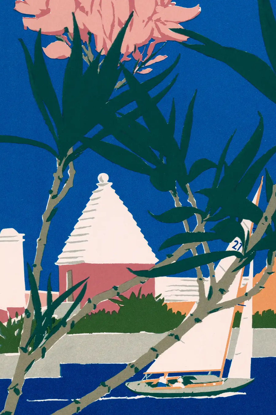 Classic Bermuda tourism art featuring pink oleander and coastal scenery
