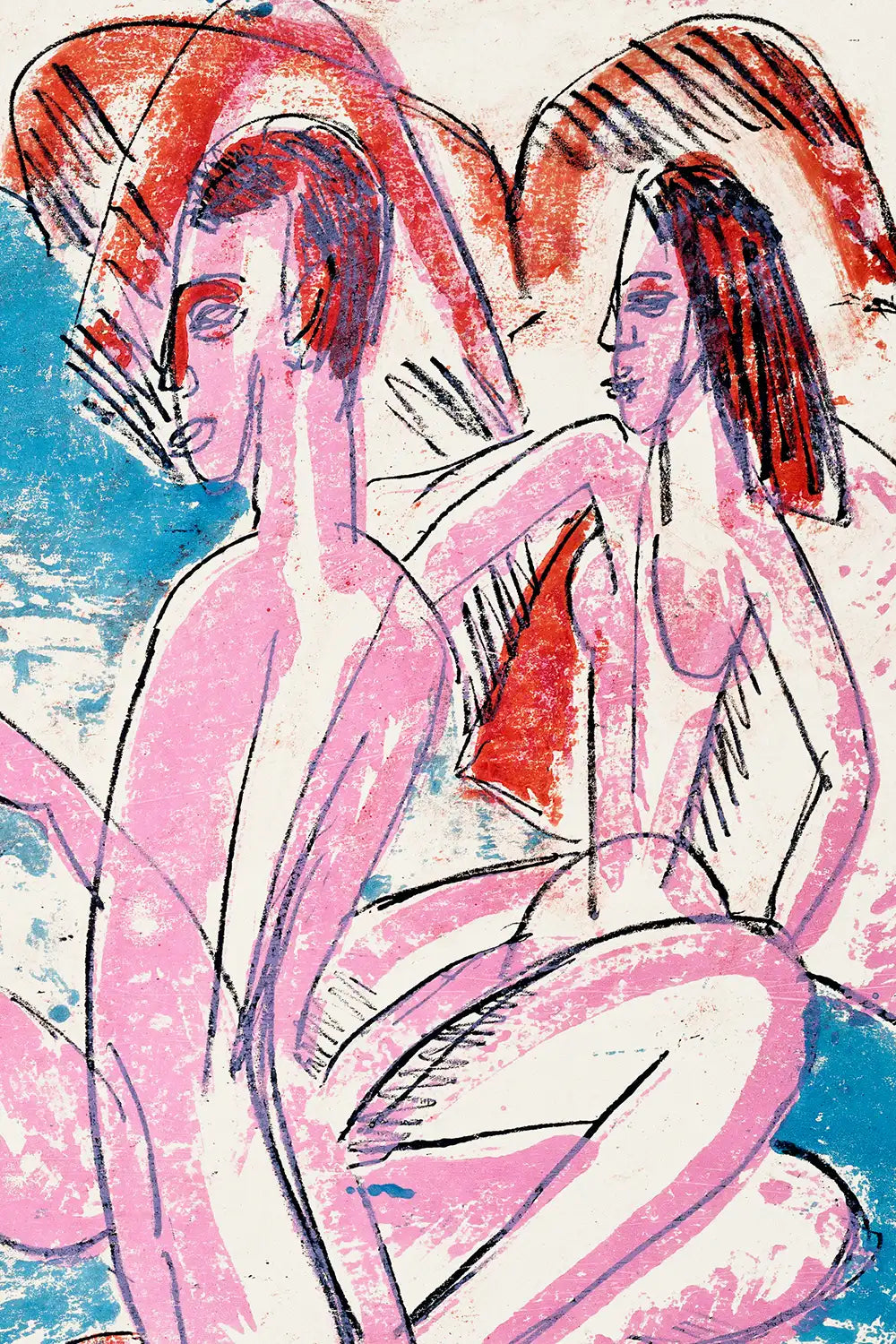 Expressionist artwork featuring pink figures against a blue river
