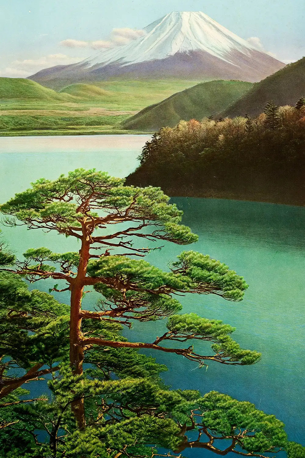 Vintage Japan travel print featuring Mt. Fuji with deep blue waters
