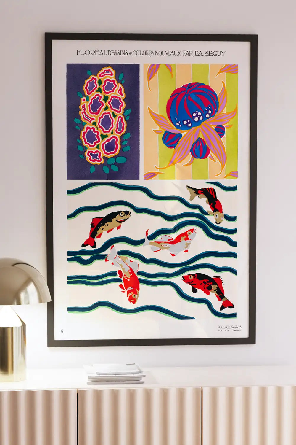 EA Seguy vintage floral and koi fish wall art print with bold colors in modern living room