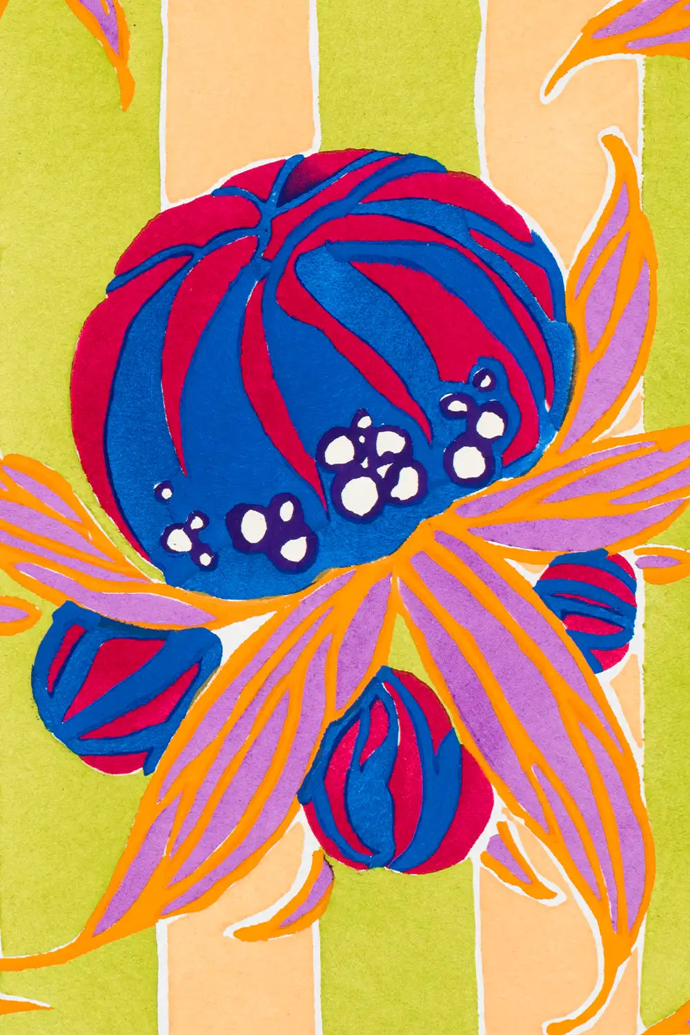 close up texture detail of EA Seguy vintage floral and koi fish wall art print with bold colors 