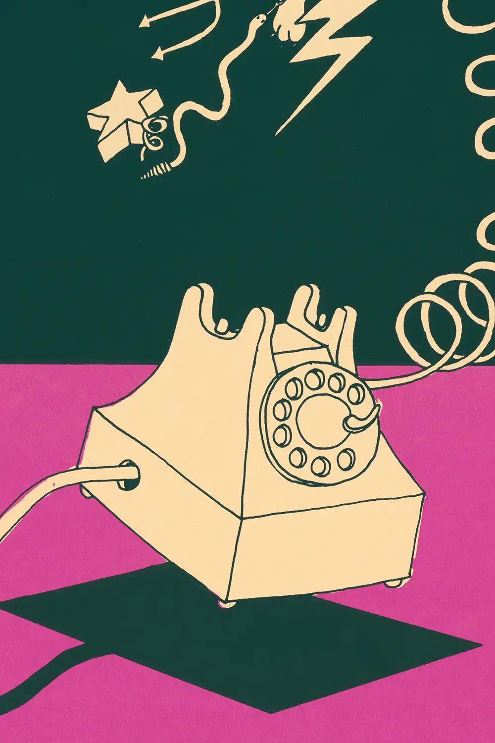 Retro-inspired phone illustration with abstract symbols and movement
