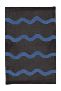 Black and blue modern wavy stripe rug, bold wool area rug for colorful living rooms, offices, or studio spaces