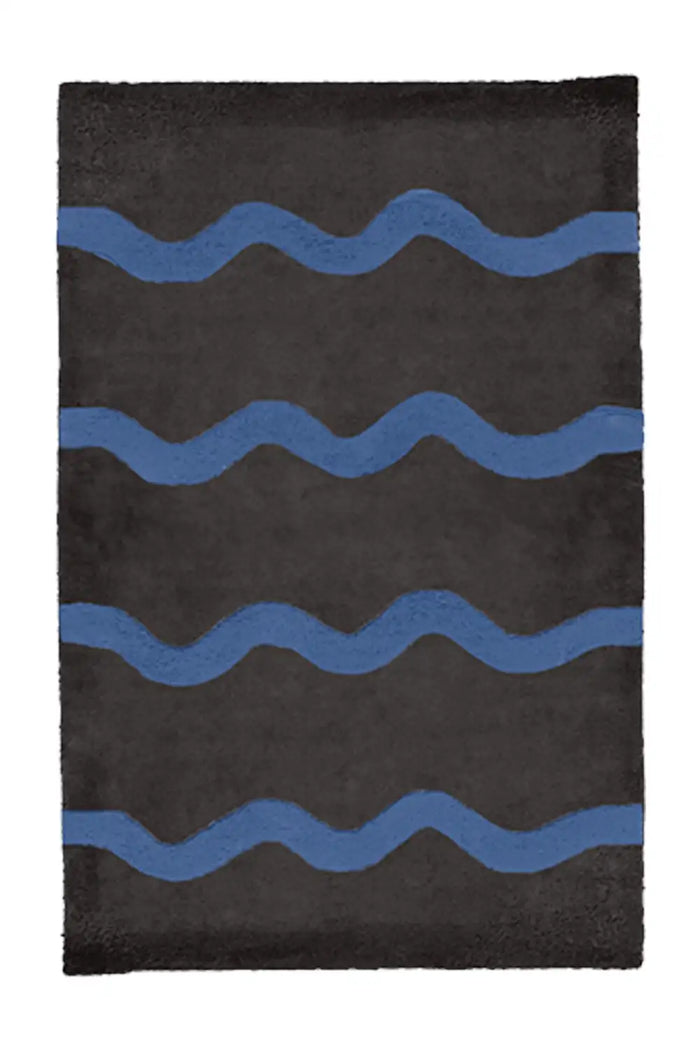 Black and blue modern wavy stripe rug, bold wool area rug for colorful living rooms, offices, or studio spaces