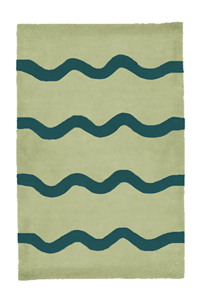 Light green and teal wave stripe wool rug, colorful modern area rug ideal for funky living rooms and creative spaces