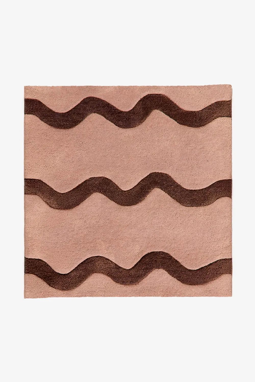 Neutral tan and brown square wool rug with playful wavy design, available in 8x8 and 9x9 sizing for modern kids' rooms and fun living spaces