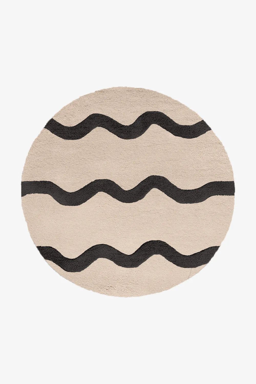 8 ft round cream and black modern tufted rug with sculptural wavy stripes, great for Japandi or minimal interiors