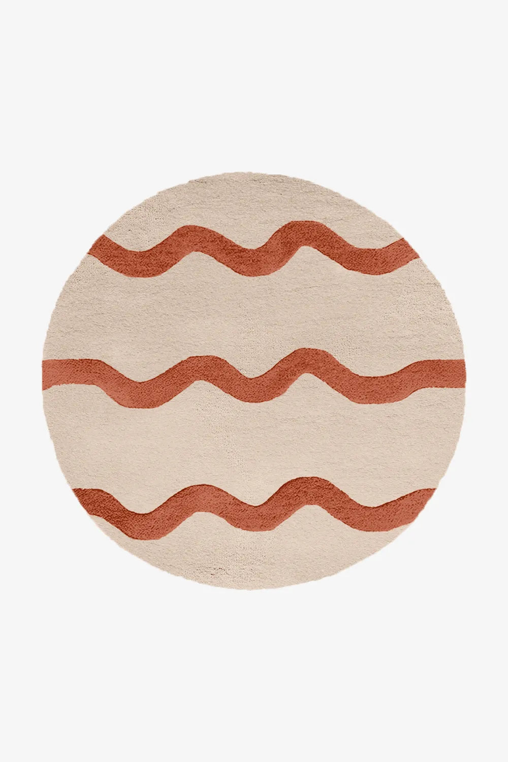 6 foot round cream and terracotta tufted wool rug with playful wavy stripe design, ideal for modern boho rooms