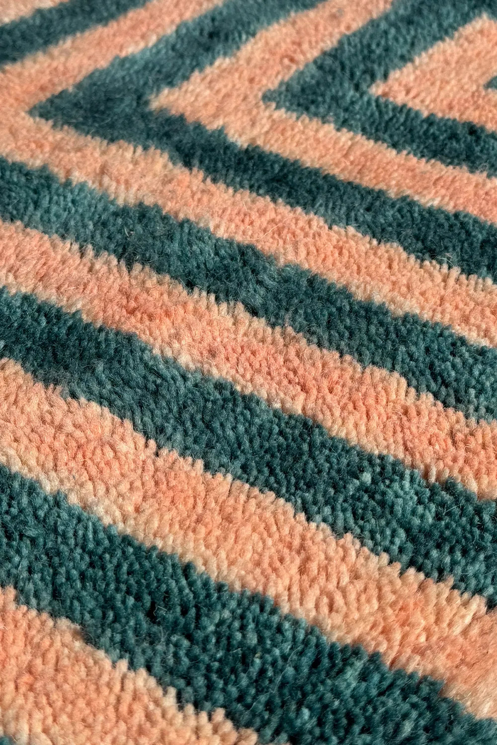Green and Peach Maze Moroccan Hand Knotted Wool Shag Rug 5x8