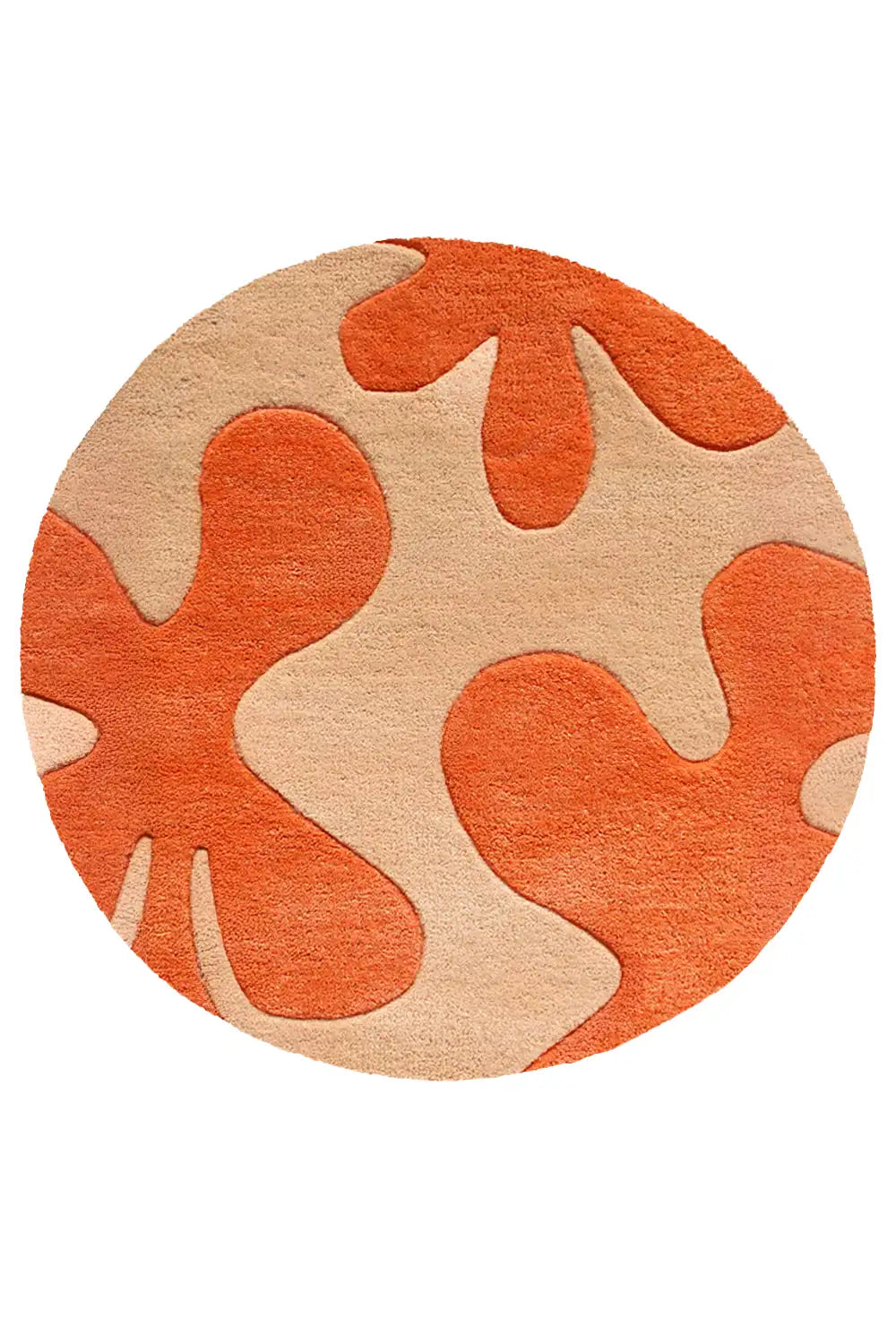 round boho area rug with abstract floral pattern in orange and tan