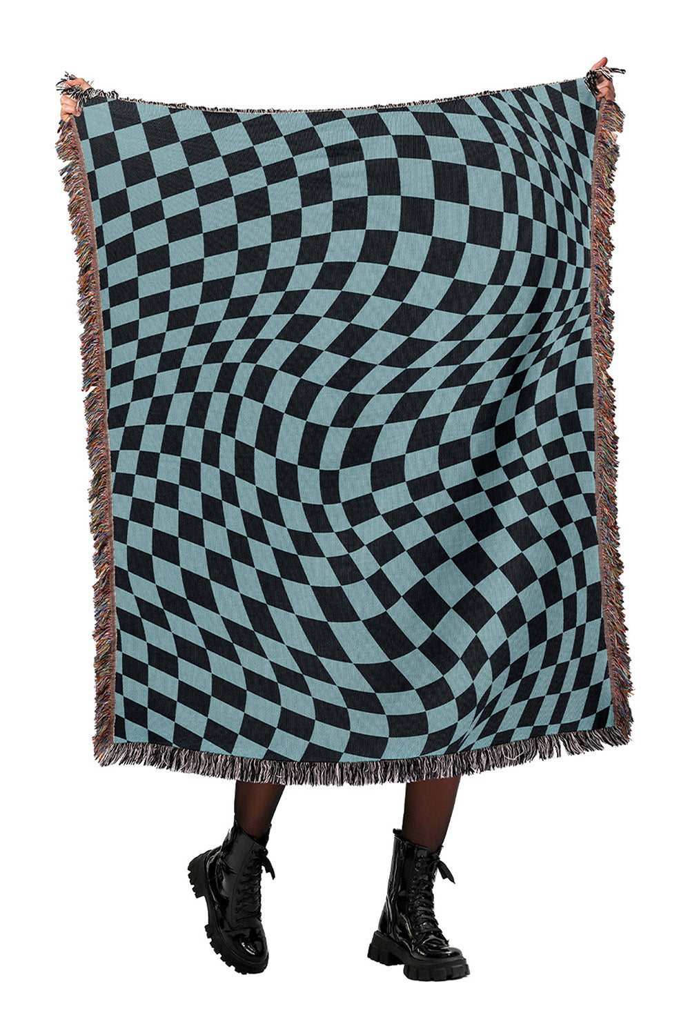 Trippy Checkers Black and Blue Cotton Woven Throw Blanket JUBI