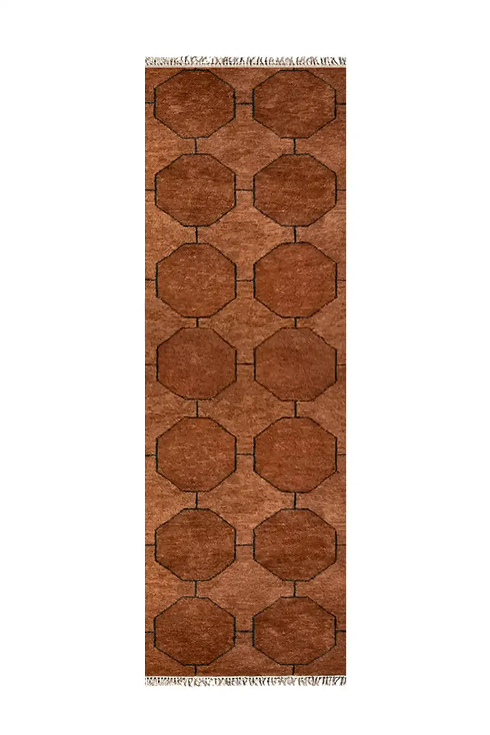 Hand-knotted brown octagon wool runner rug with geometric design.
