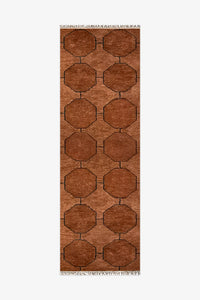 2.5x10 brown hand-knotted wool runner rug with geometric octagon pattern and subtle fringe edging