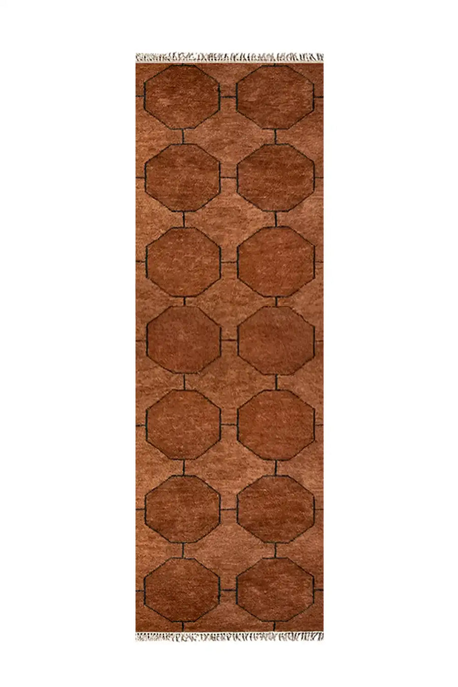 Hand-knotted brown octagon wool runner rug with geometric design.
