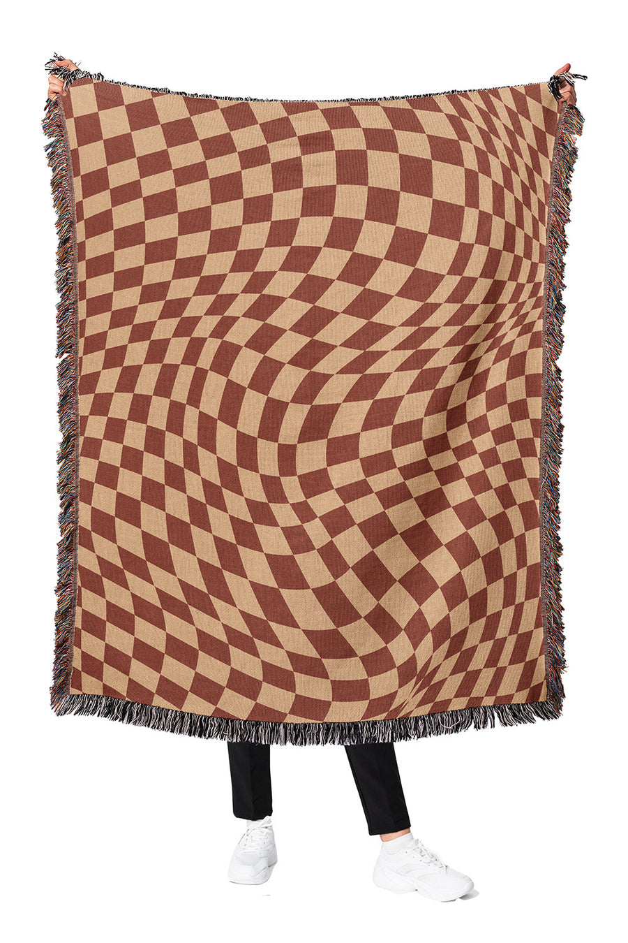 Trippy Checkers Brown Cotton Woven Throw Blanket with a psychedelic checker pattern and fringe edges.