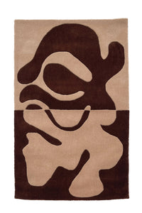 Earth-toned abstract wool rug with fluid shapes in light and dark tan
