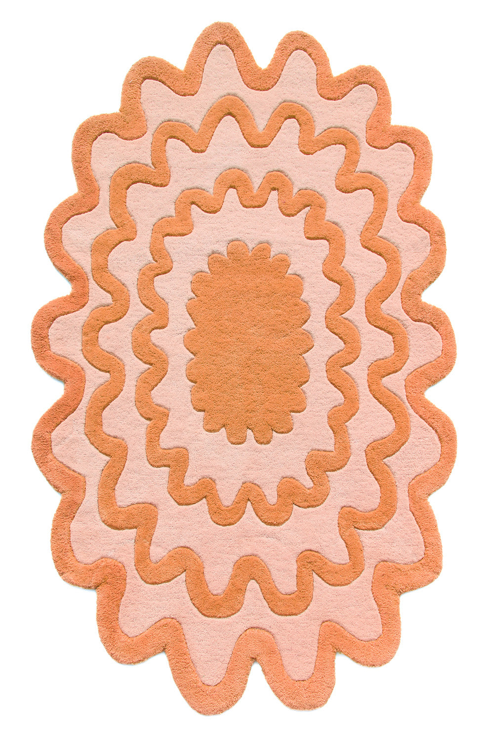 Abstract orange ripple oval rug with scalloped edges, contemporary boho wool rug