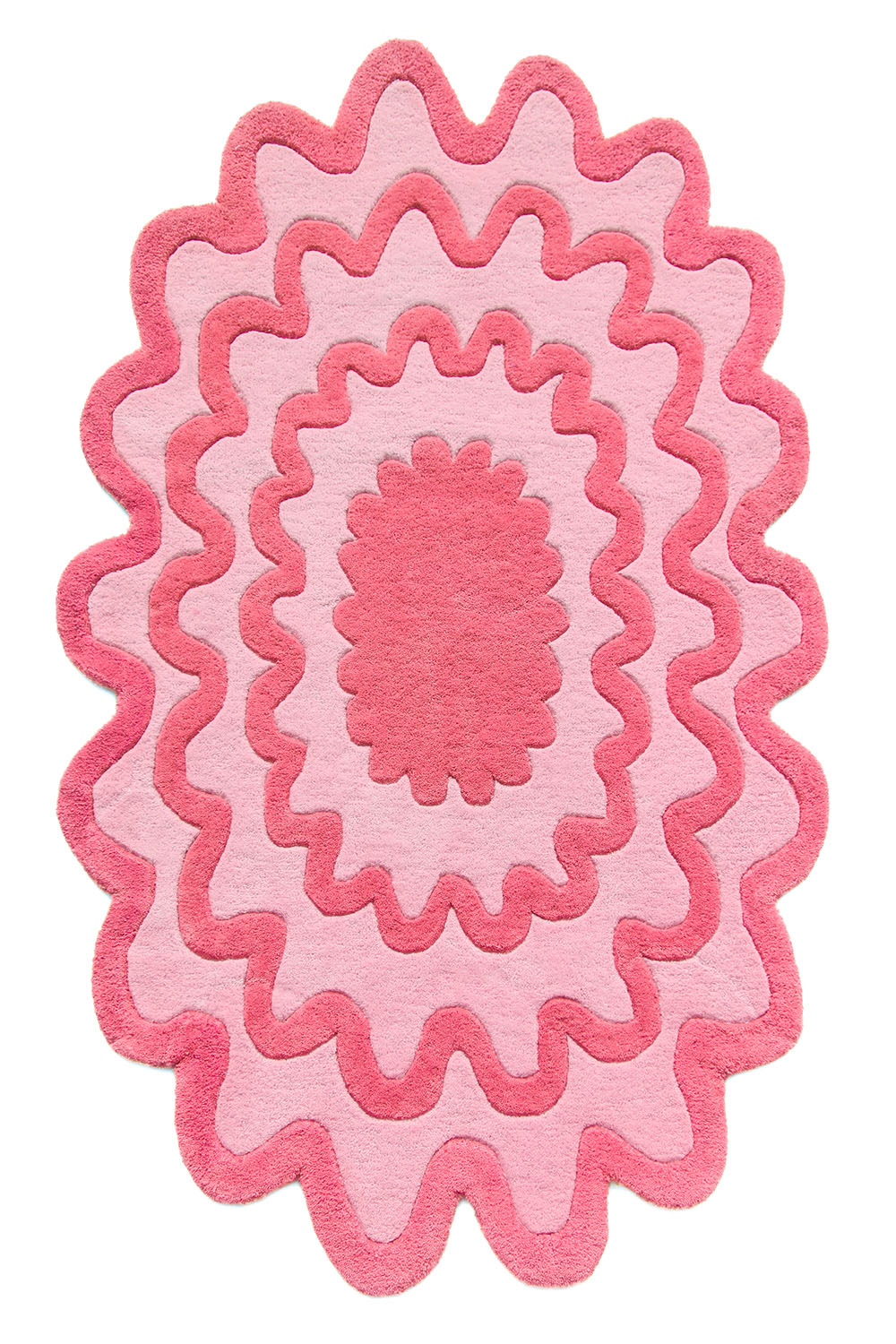Playful pink and red scalloped wool rug with modern wavy design, colorful area rug for living room or kids room
