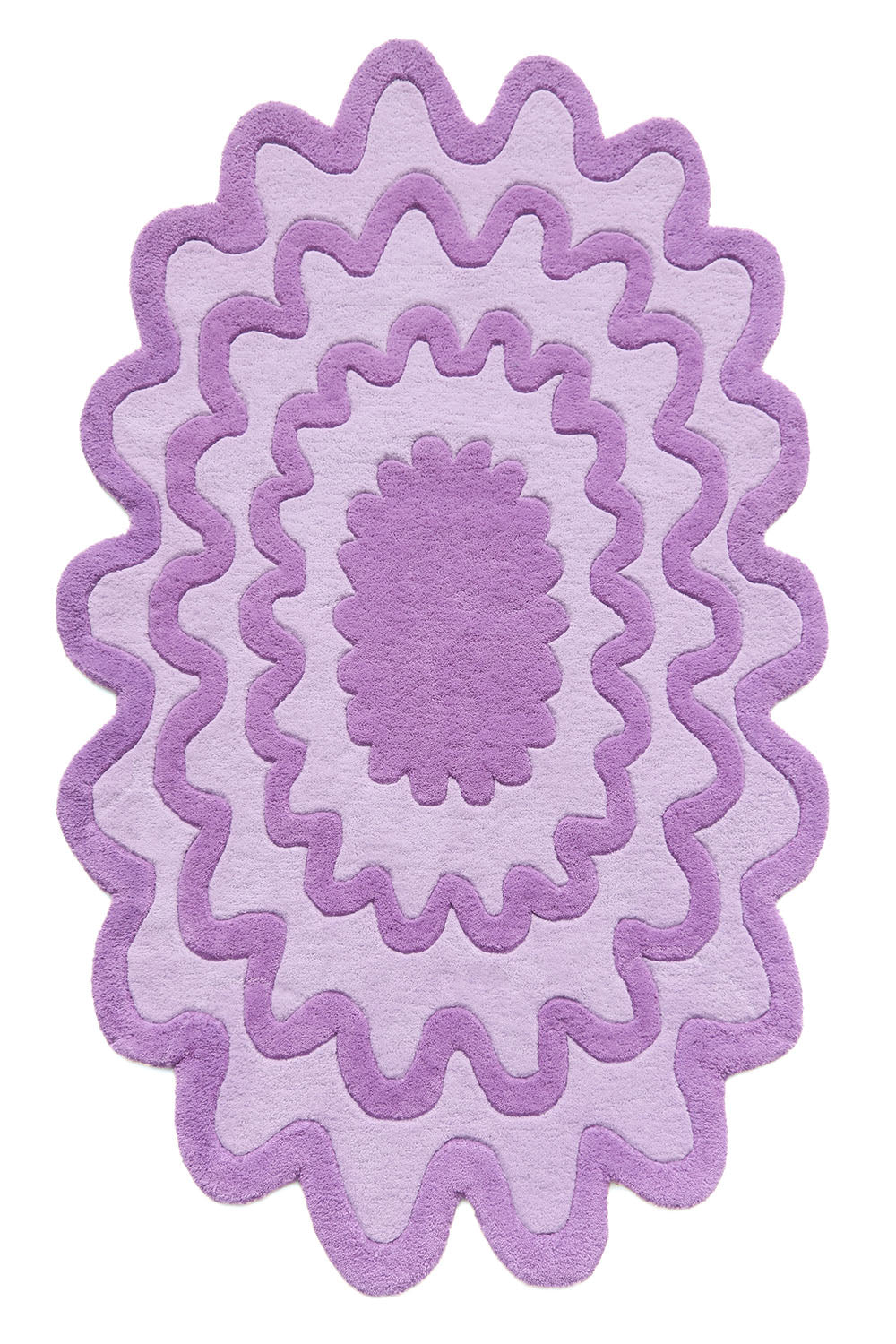 Large purple and lavender ripple oval wool rug with funky retro boho pattern.