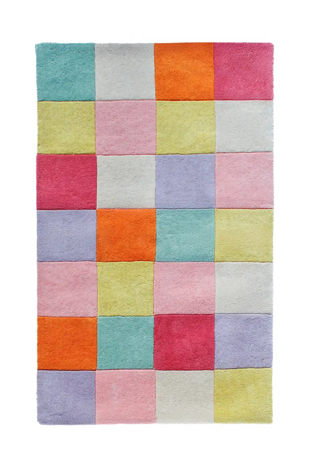 Funky, vibrant checkered wool rug with bold geometric design