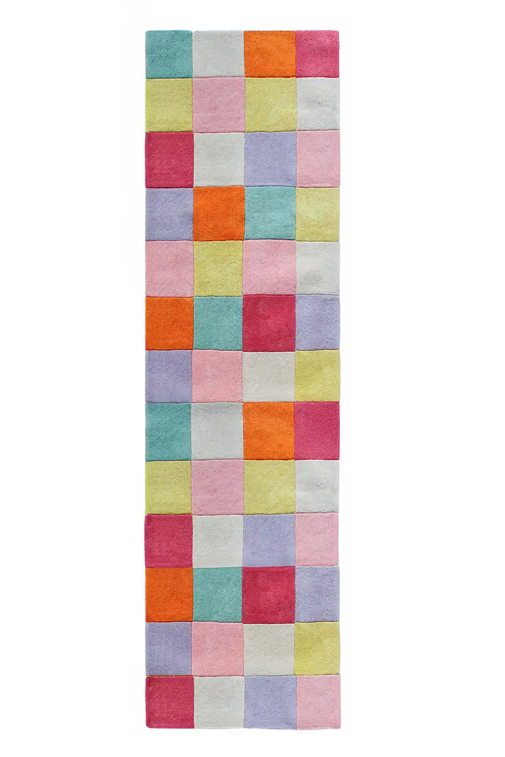 Hand-tufted checkered runner rug for hallways and kitchens.
