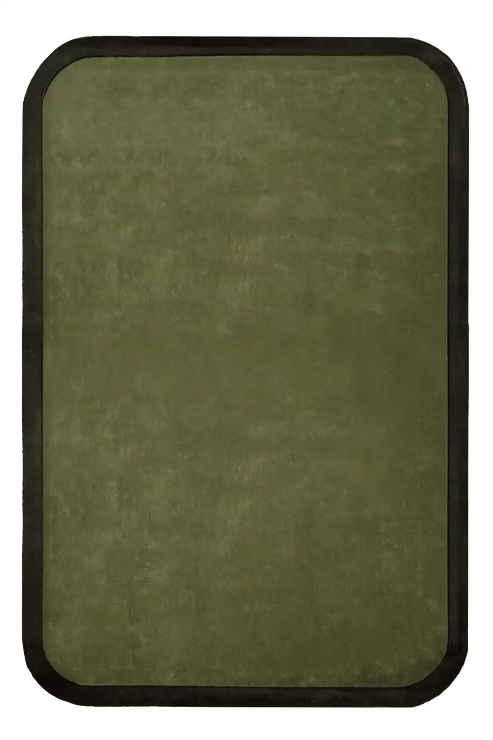 wool rug with rounded contour edges in modern olive green tones.
