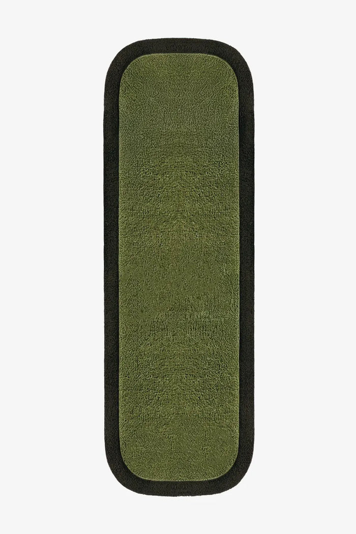 2.5x8 olive sculpted wool runner rug with rounded corners, ideal for modern hallways or kitchens