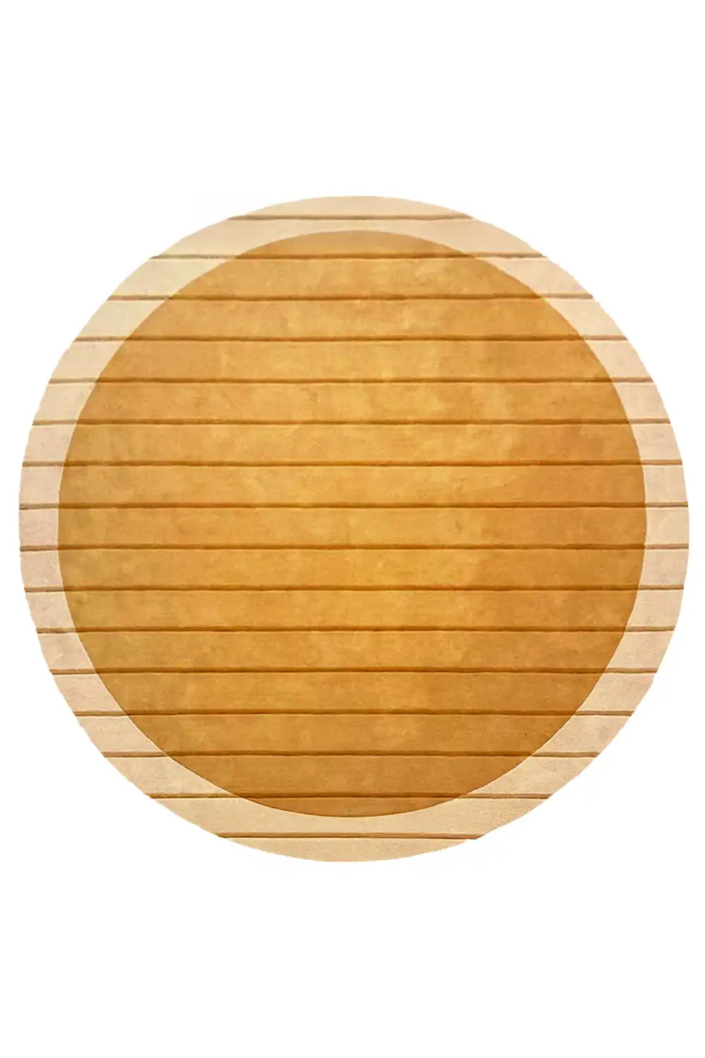 Hand-tufted round wool rug with a modern geometric gold design.