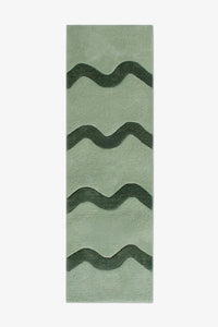 2.5x9 green wool runner rug with sculptural wavy stripe pattern, perfect for modern hallways or narrow entryways

