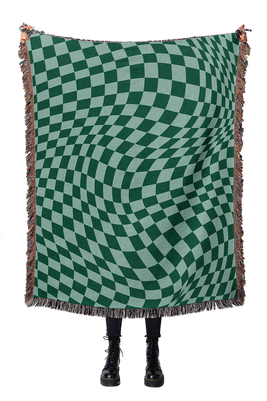 Trippy Checkers Green Cotton Woven Throw Blanket with a psychedelic checker pattern and fringe edges.