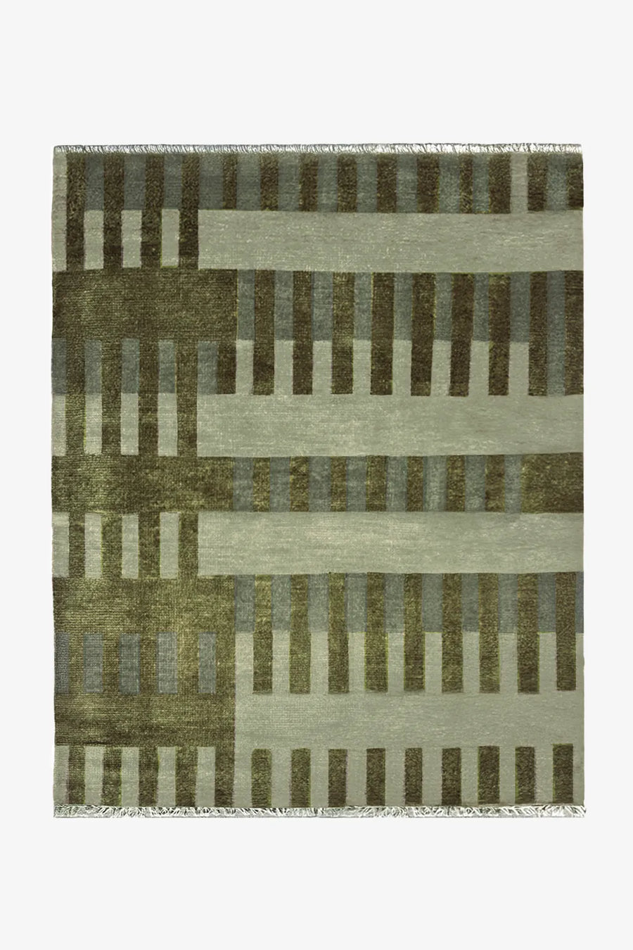 large 9x12 green geometric striped rug in mid century modern design