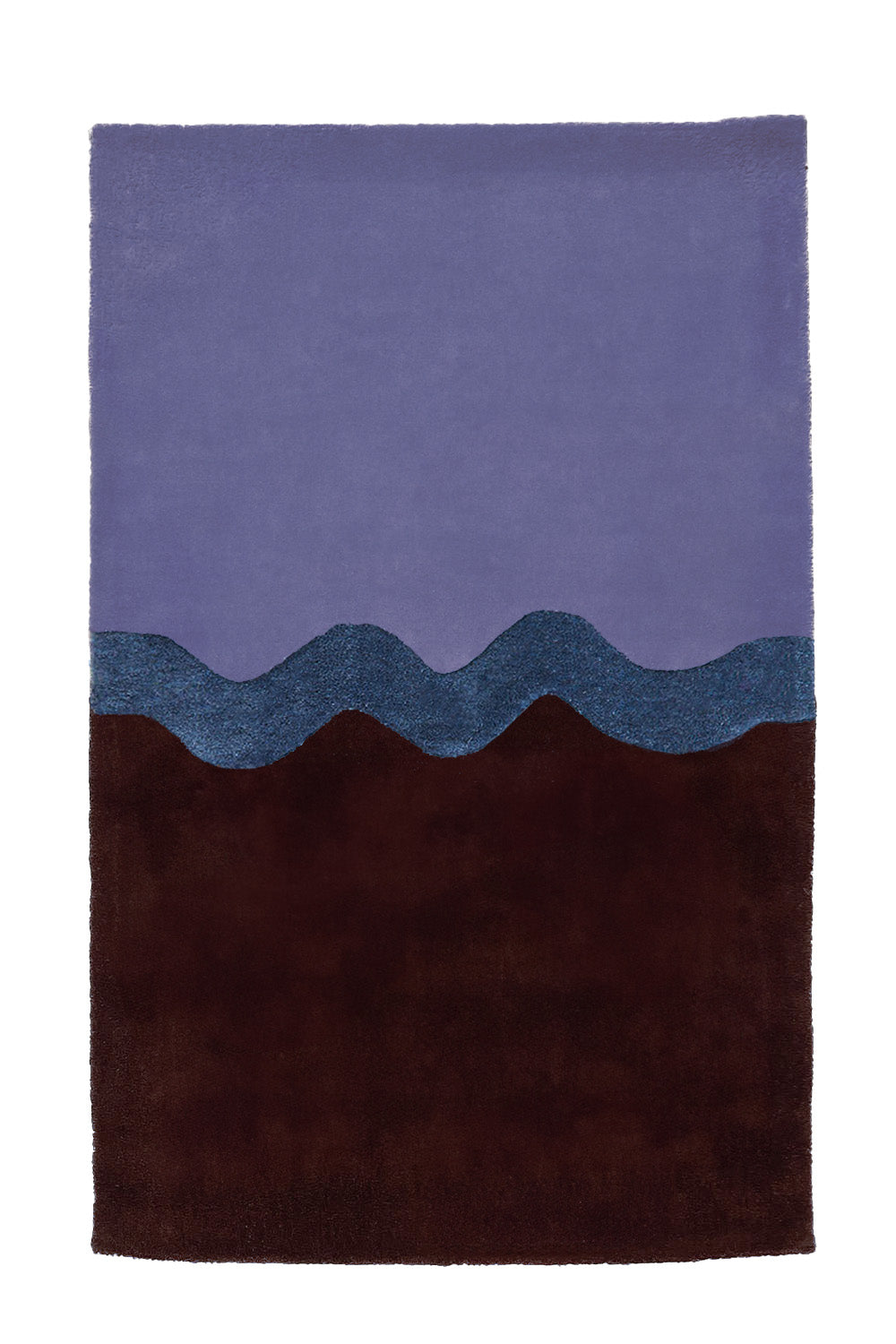 Handmade purple and brown abstract area rug, featuring fluid wavy shapes perfect for adding sculptural dimension to living spaces