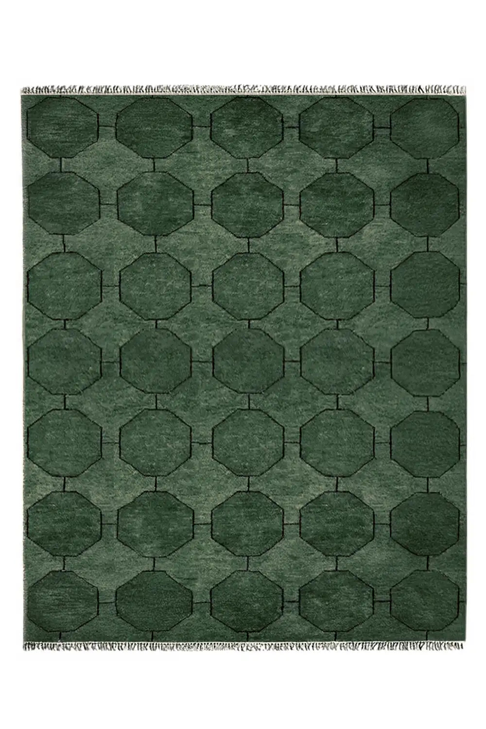 Hand-knotted geometric wool rug in green with octagon pattern
