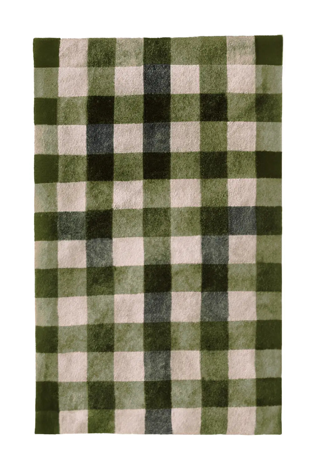 Jubi Olive Green Checkered Wool Rug in Mid Century Modern Style