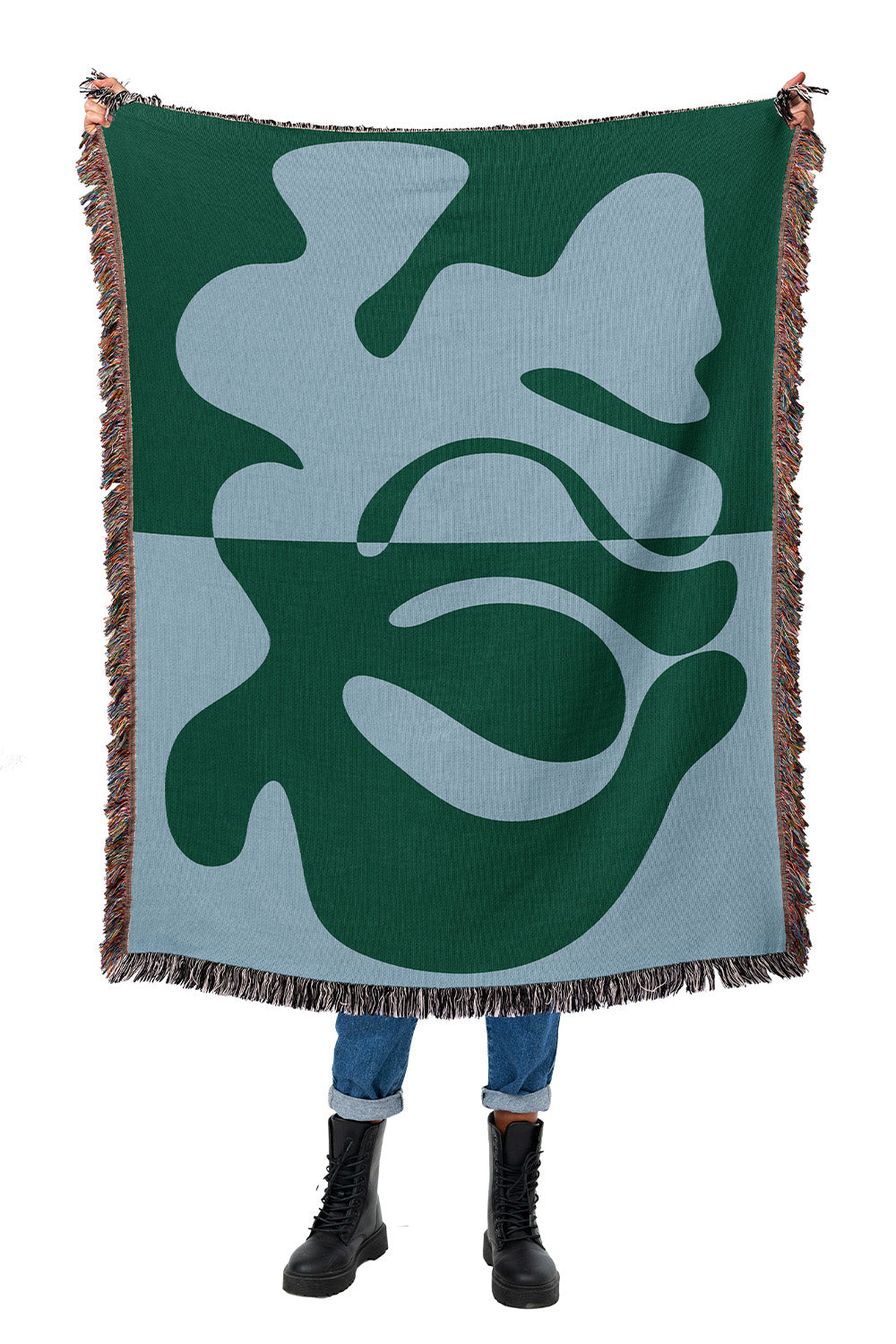 Blue and Green Organic Fusion Cotton Woven Throw Blanket showcasing a two-tone abstract design with organic shapes.