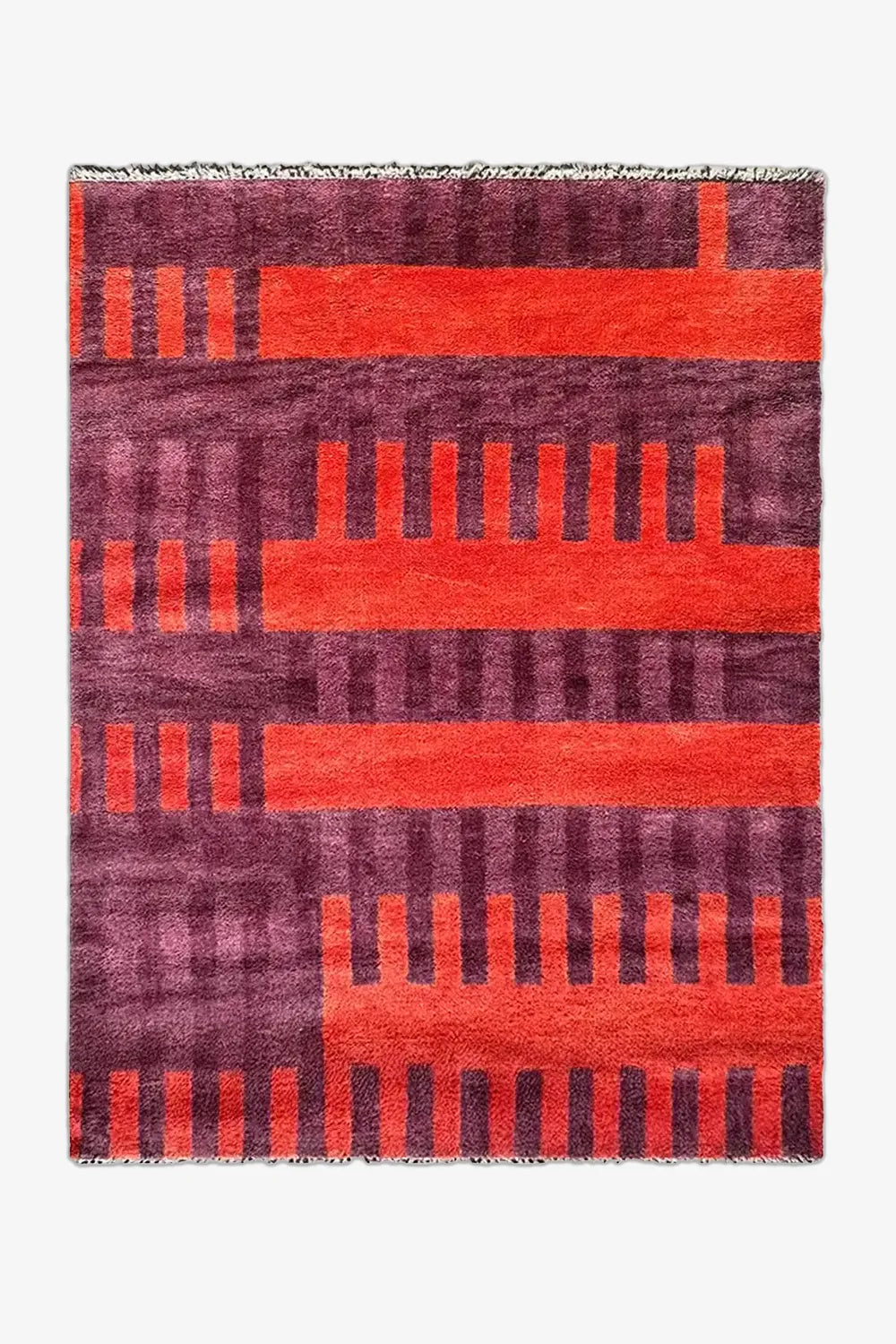 Hand-knotted Oushak rug with geometric stripes in purple and burnt orange
