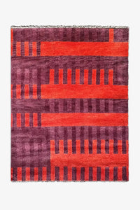 Hand-knotted Oushak rug with geometric stripes in purple and burnt orange
