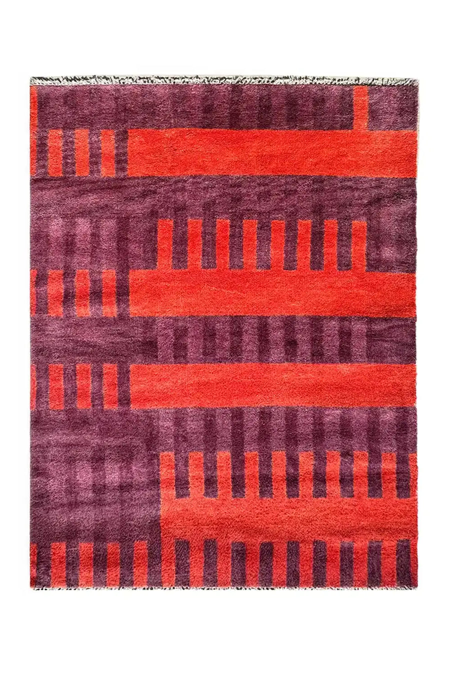 Hand-knotted Oushak rug with geometric stripes in purple and burnt orange
