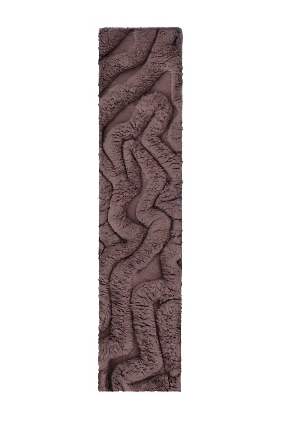 Hand-tufted brown runner rug with a sculptural, high-pile design featuring organic, wavy textures for a plush and modern aesthetic.